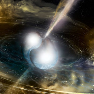 Artist's illustration of two merging neutron stars.