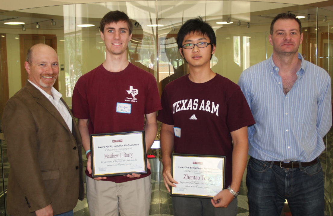 (left to right) Dr. David Toback, sophomore computer science major Matthew Barry (first), freshman mathematics major Zhentao Tong (third), and Dr. Ricardo Eusebi.
