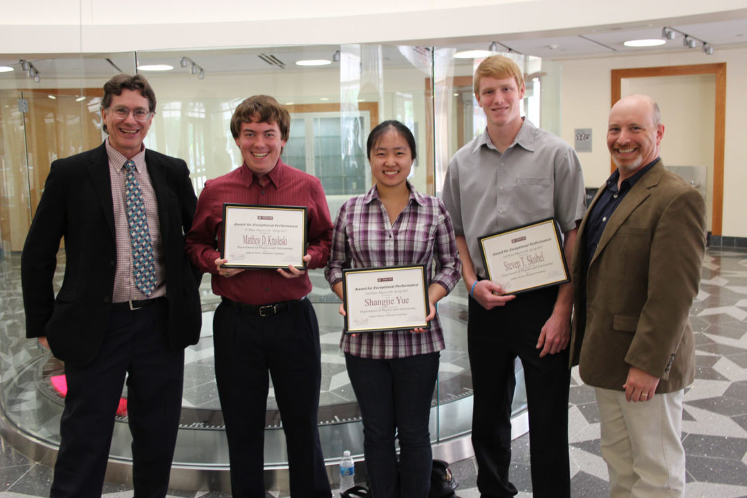 (left to right) Dr. George Welch, freshman general studies major Matthew Krusleski (first), freshman petroleum engineering major Shangjie Yue (second-place tie), freshman general studies major Steven Skobel (second-place tie), and Dr. David Toback.