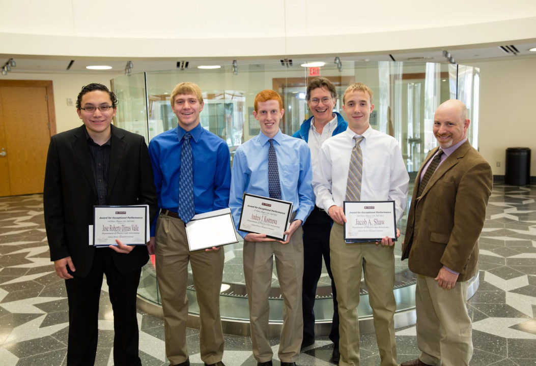 The top fall 2012 Mechanics Scholars: (from left) Jose Roberto Dimas Valle and Andrew Baxter (tie for third), Andrew Kostrzewa (1st), Department Head George Welch, Jacob Shaw (2nd) and professor/organizer David Toback.
