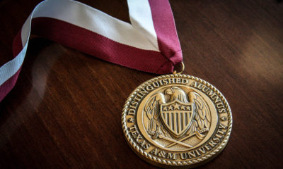 A close up of the coveted Distinguished Alumnus Award from Texas A&M University.