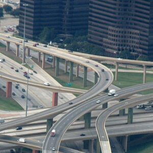 Overhead image of traffic on multiple overhead bridges and underpasses.