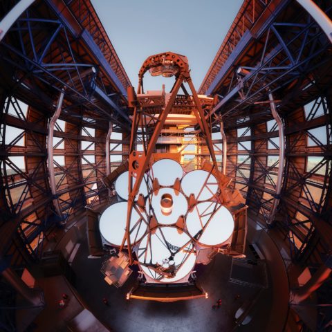 Giant Magellan Telescope's mount and its primary mirrors. 